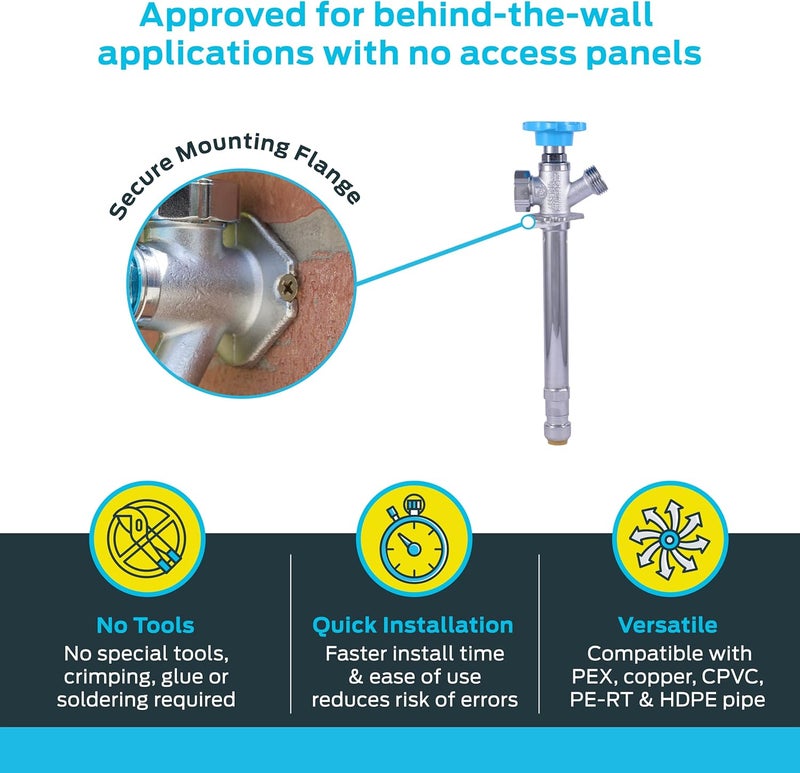 SharkBite 6 Inch Frost Free Sillcock, 1/2 x 3/4 Inch MHT, Push to Connect Brass Plumbing Fitting, PEX Pipe, Copper, CPVC, PE-RT, HDPE, 25744LF - Image 2