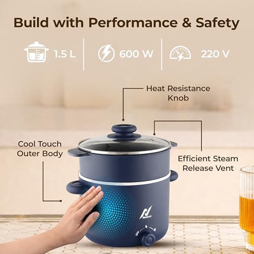 Nexlev MultiPurpose Electric Food Kettle|1.5 L Ceramic Pot | 600W| Boil, Steam, Fry, Saute| Double Layered Body| 2 Temperature Settings| Multi Cooker for Water, Egg, Tea, Soup, Noodles, Rice| KE-02 - Image 4