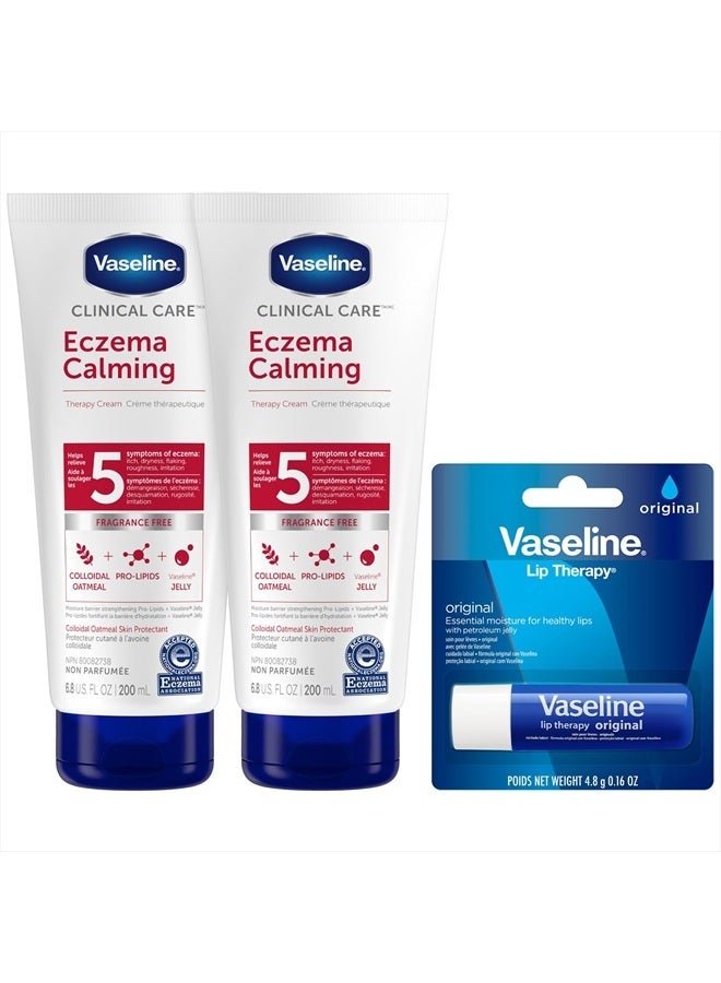 Vaseline لوسيون الإكزيما، كريم العلاج المهدئ 2-عبوة مع دقيق الشوفان الغروي + علاج الشفاه الأصلي من فازلين للشفاه الجافة مع هلام البترول (مجموعة 3 قطع) - Image 1