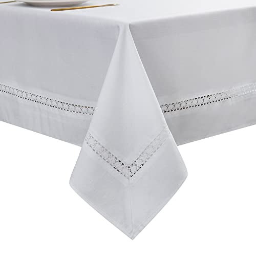 EHouseHome Heavy Duty Fabric Tablecloth with White Lace-Waterproof/Wrinkle Free/Stain Resistant/Oil Proof-for Dining,Indoor&Outdoor,Wedding,Holiday,White,Rectangle 60x84Inch - Image 1