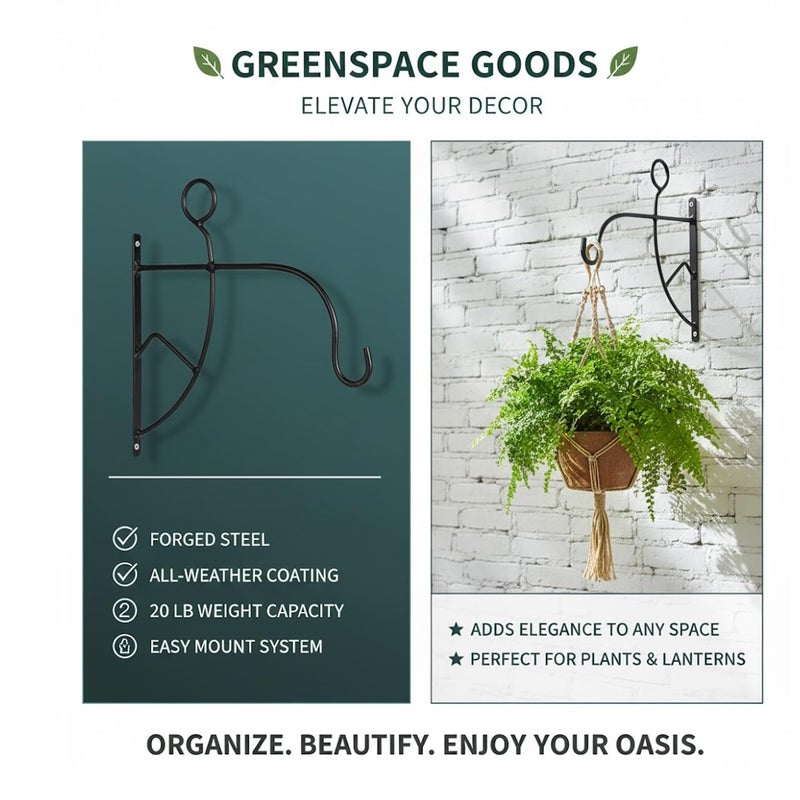 ORILEY حامل نبات معلق مزخرف معدني خطاف حائط حامل داخلي خارجي للأصص، أجراس الرياح، الأواني، الفوانيس، مغذيات الطيور (عبوة من 2، أسود) - Image 4