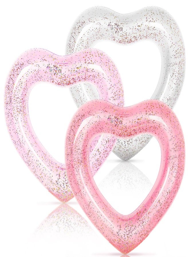 Whaline 3Pcs Inflatable Heart Pool Float with Glitter Inside Rose Gold Pink White Swim Heart Shaped Pool Rings Float Loungers Tube for Summer Swimming Pool Beach Bachelorette Party, 47.3 x 39.4 Inch - Image 1