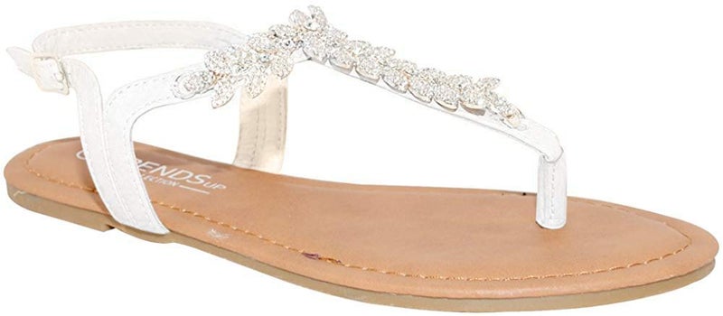 TRENDSUP COLLECTION Womens TStrap Buckle Flats Sandals 85 White PU