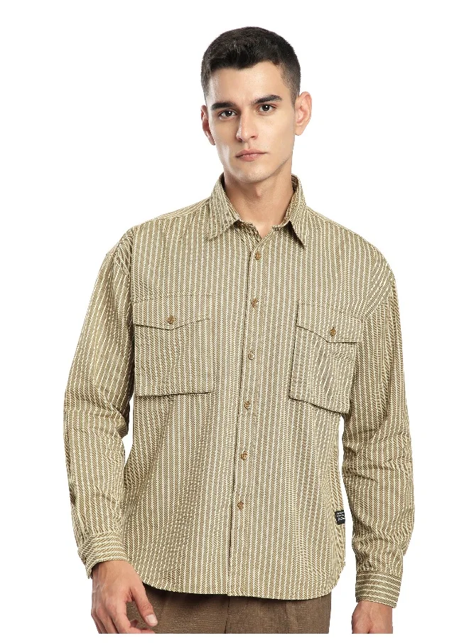 Beyoung Sand Brown Herringbone Striped Overshirt