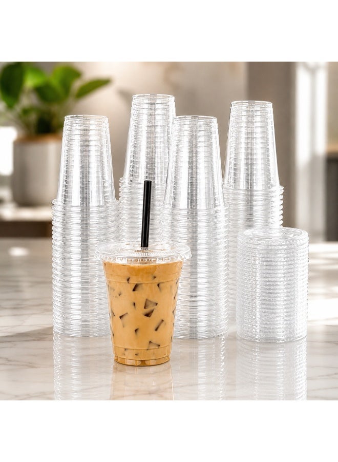vsell24 1000PCS 16oz Clear Plastic Disposable Cups with Flat Lids –Cold Drink Cups for Smoothies, Iced Coffee, Juice, Bubble Tea & Parties - Image 1