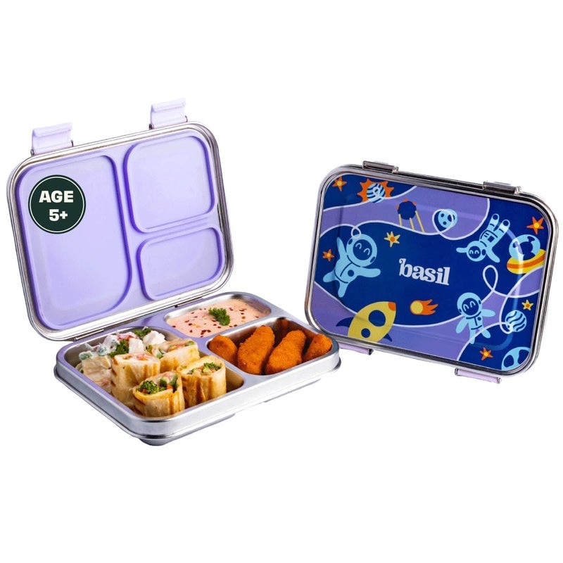 BASIL Bento Box – 900 ml 3-Compartment Stainless Steel Lunch Box for Kids | Leak-Proof Tiffin for School - Blue Space | Super Swoosh - Image 1