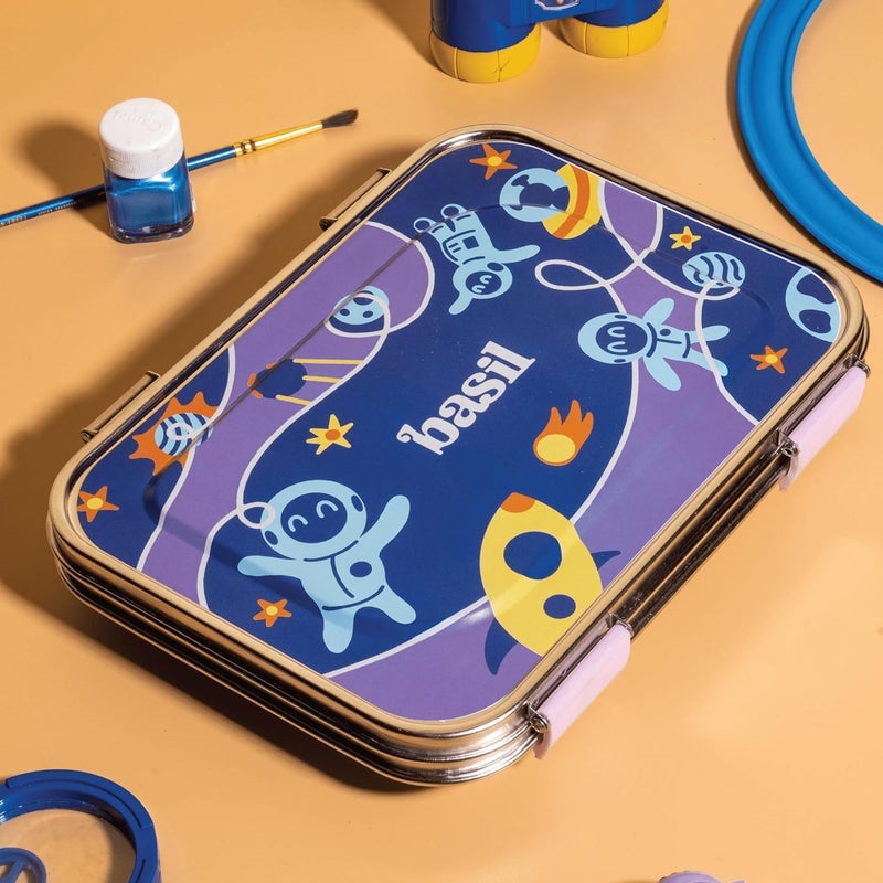 BASIL Bento Box – 900 ml 3-Compartment Stainless Steel Lunch Box for Kids | Leak-Proof Tiffin for School - Blue Space | Super Swoosh - Image 2