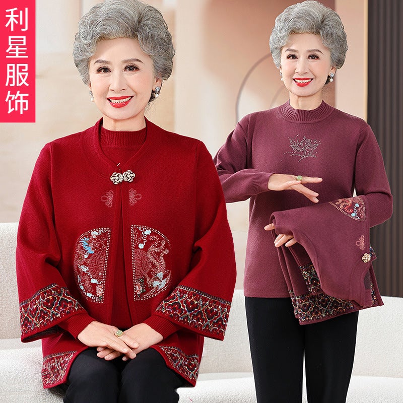 Autumn Clothing For The Elderly, Grandma'S Knitted Sweater Jacket, Middle-Aged And Elderly Mothers' Spring & Fall Style Two-Piece Set Of Clothes For The Elderly - Image 2