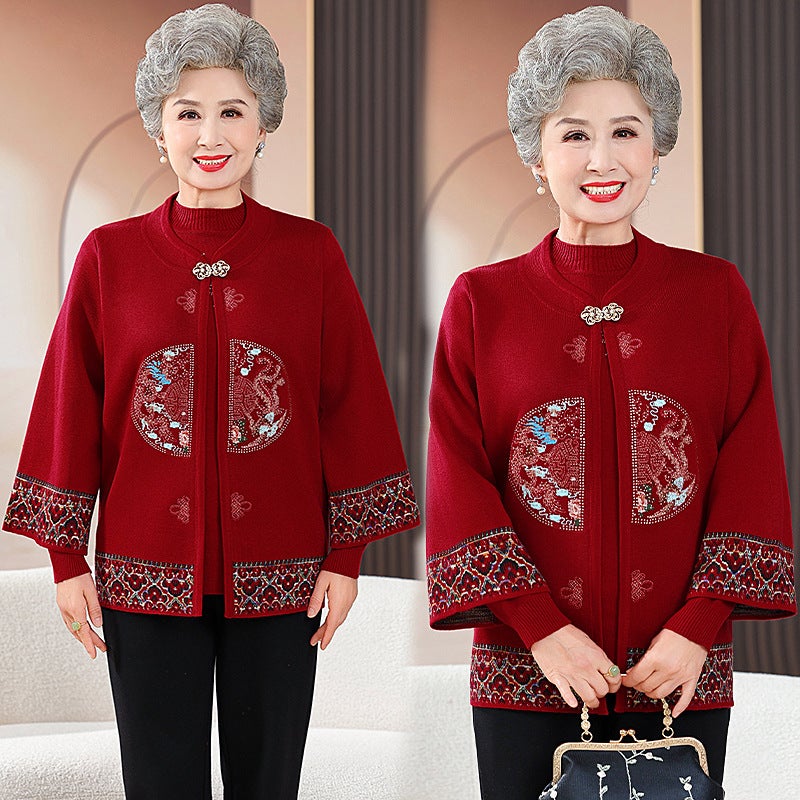Autumn Clothing For The Elderly, Grandma'S Knitted Sweater Jacket, Middle-Aged And Elderly Mothers' Spring & Fall Style Two-Piece Set Of Clothes For The Elderly - Image 1