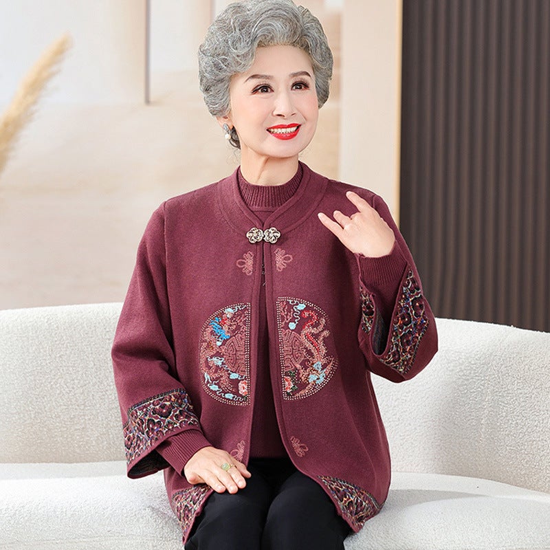 Autumn Clothing For The Elderly, Grandma'S Knitted Sweater Jacket, Middle-Aged And Elderly Mothers' Spring & Fall Style Two-Piece Set Of Clothes For The Elderly - Image 5
