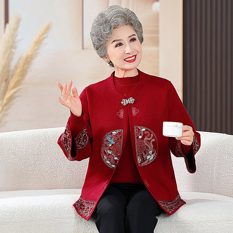 Autumn Clothing For The Elderly, Grandma'S Knitted Sweater Jacket, Middle-Aged And Elderly Mothers' Spring & Fall Style Two-Piece Set Of Clothes For The Elderly - Image 4