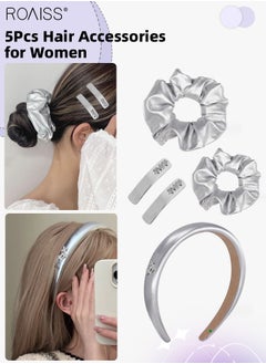 roaiss 5Pcs Hair Accessories for Women Girls, Silver Gray Glossy Leather Headband, 2 Fashion Elastic Hair Tie and 2 Hairpins Decorated with Shiny Stars, Ponytail Hair Clip Fashion Party Hair Accessories Set  - Image 1