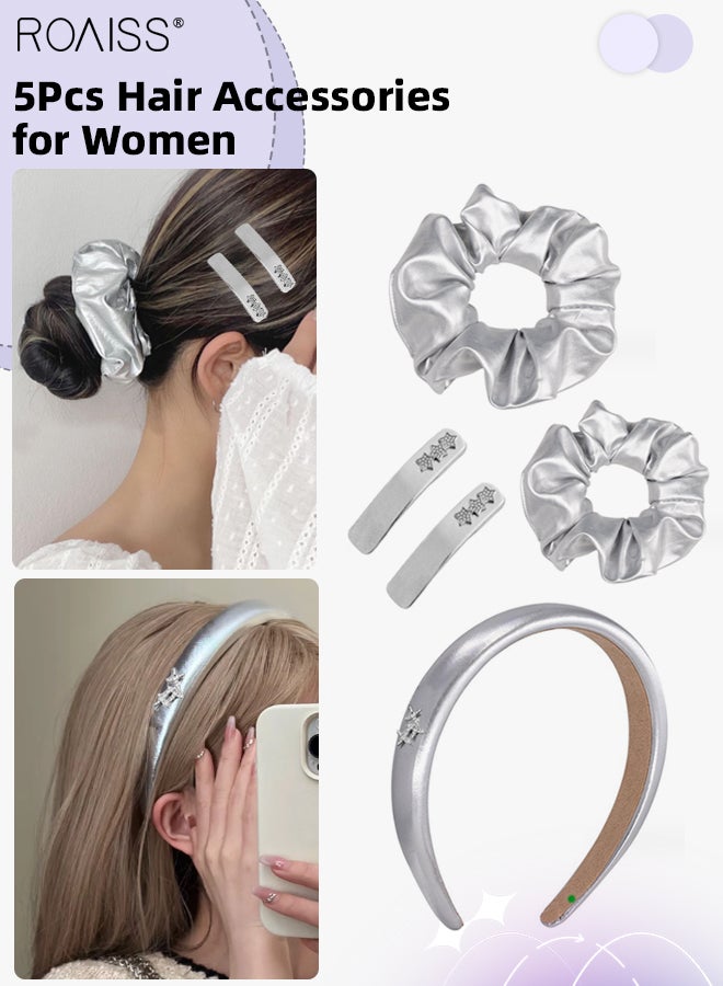 roaiss 5Pcs Hair Accessories for Women Girls, Silver Gray Glossy Leather Headband, 2 Fashion Elastic Hair Tie and 2 Hairpins Decorated with Shiny Stars, Ponytail Hair Clip Fashion Party Hair Accessories Set - Image 1