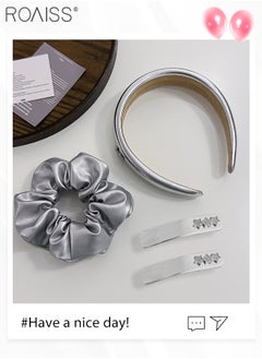 roaiss 5Pcs Hair Accessories for Women Girls, Silver Gray Glossy Leather Headband, 2 Fashion Elastic Hair Tie and 2 Hairpins Decorated with Shiny Stars, Ponytail Hair Clip Fashion Party Hair Accessories Set  - Image 4