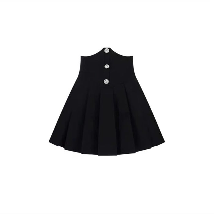 2025 Summer High-end Korean Style Dress Pearl Neck Open-shoulder Elegant Chiffon Shirt High Waist Skirt Two-piece Set Single black skirt (with pants)