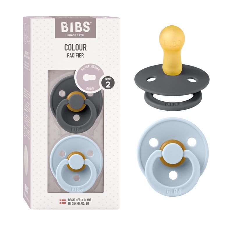 BIBS مجموعة مصاصات بيبس الملونة | مصاصة أطفال من المطاط الطبيعي | حلمة دائرية | مجموعة من 2 مصاصة خالية من BPA | مصنوعة في الدنمارك | 6+ أشهر (عبوة من 2) | أزرق فاتح/حديد - Image 1