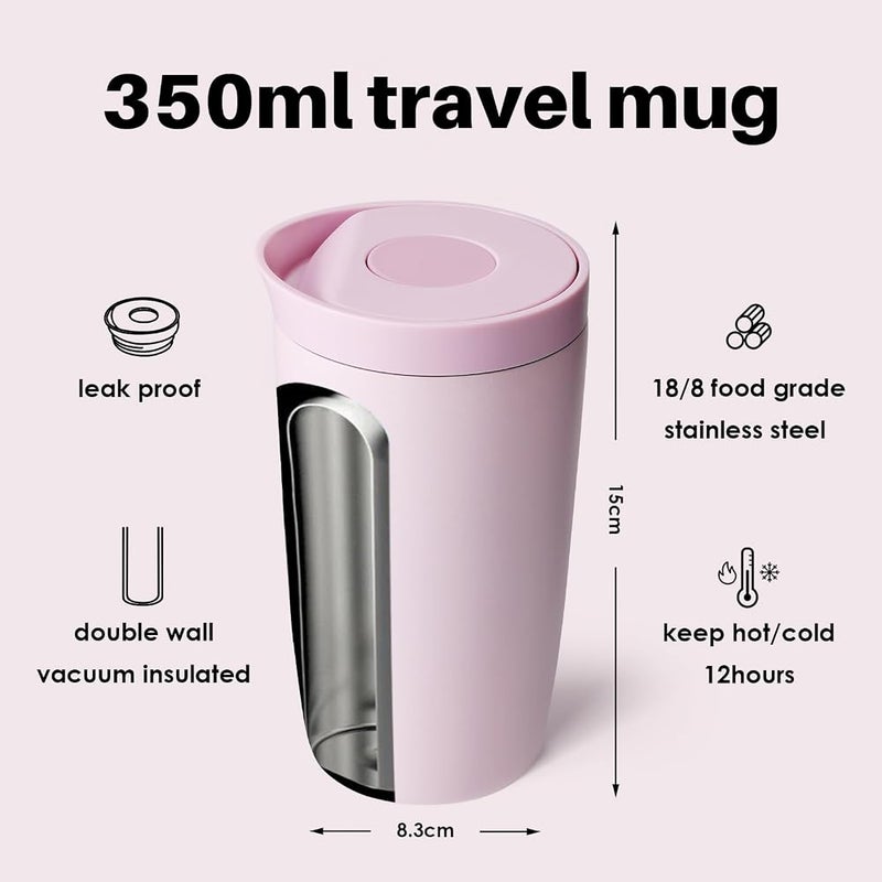 bottle bottle Insulated Travel Mug, Stainless Steel, 350ml, Push Button Lid, Keeps Cold for 12 Hours, Keeps Hot for 8 Hours, Stylish Design (Pink) - Image 3