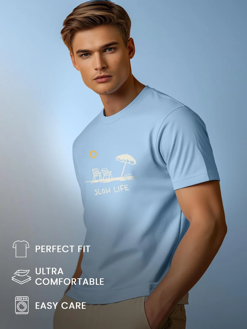 NOBERO Men's Light Blue Graphic Print T-Shirt