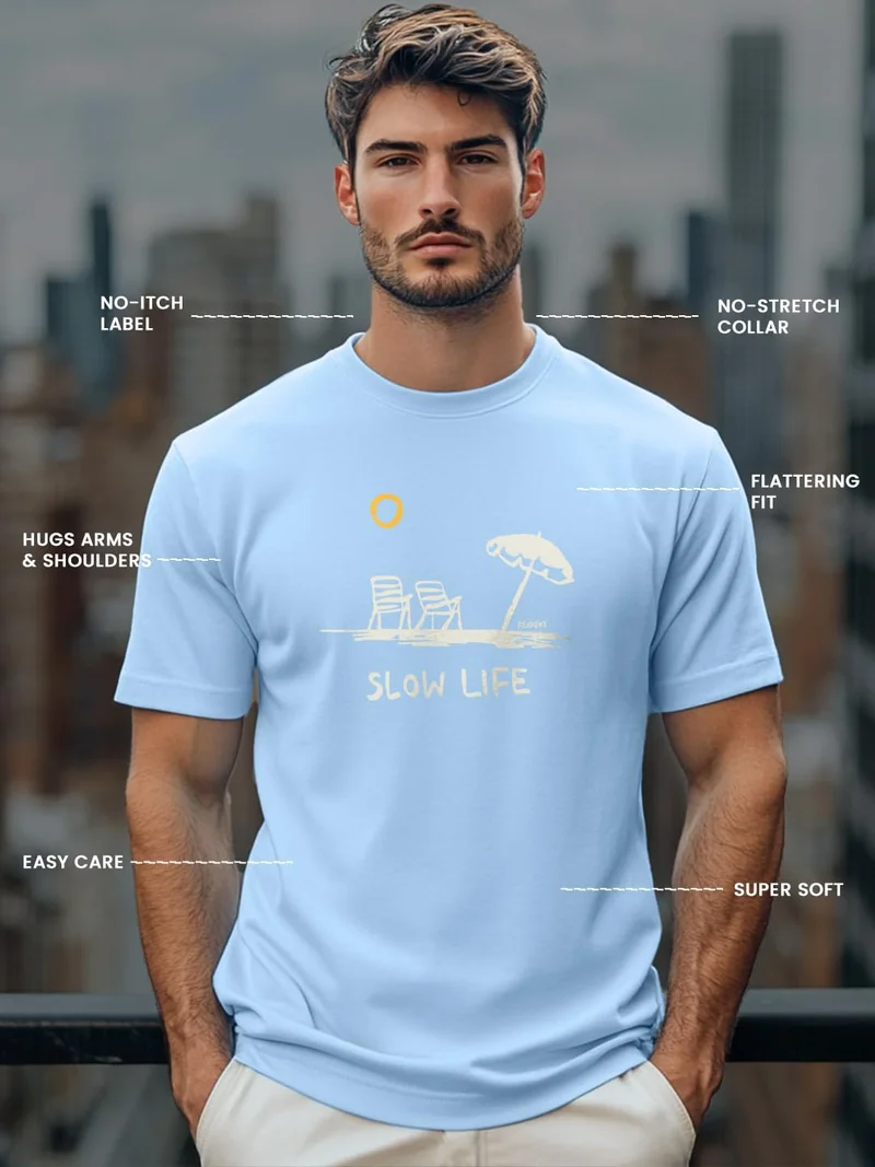 NOBERO  Men's Light Blue Graphic Print T-Shirt for Men | Best Price UAE