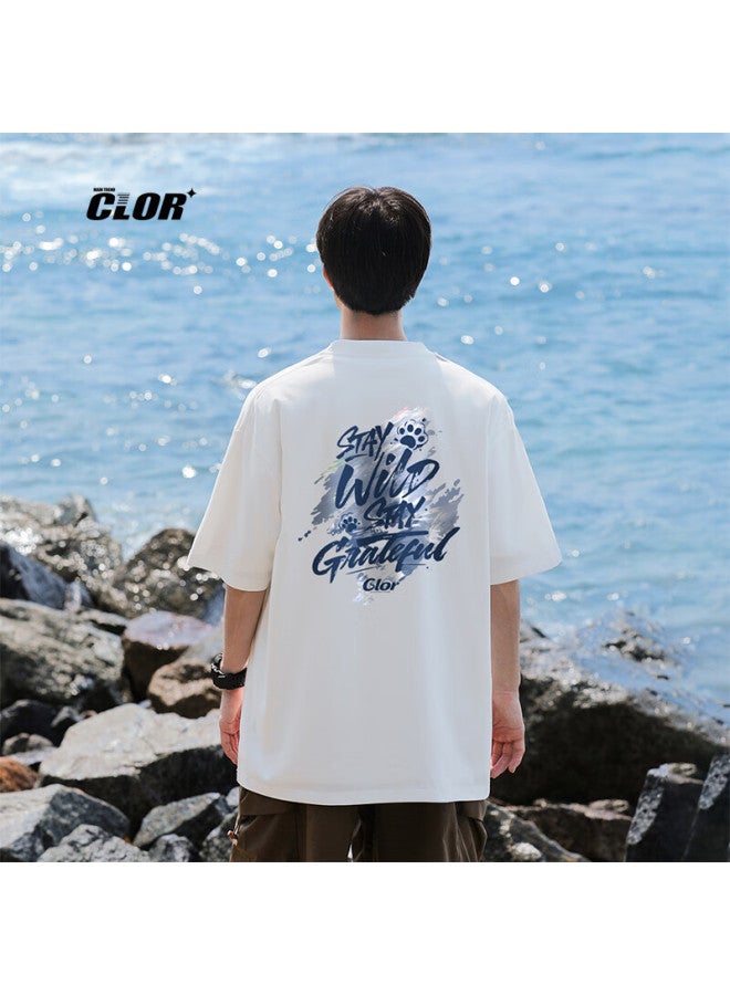 Clor Short-sleeve Men's Trendy Printed Summer Breathable Casual Top, Pure Cotton Lightweight Loose T-shirt For Women, C008 White M - Image 1