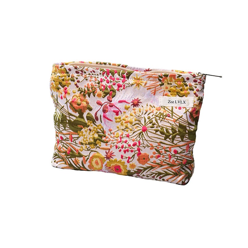 Large Floral Embroidered Cosmetic Bag with Zipper - Image 4