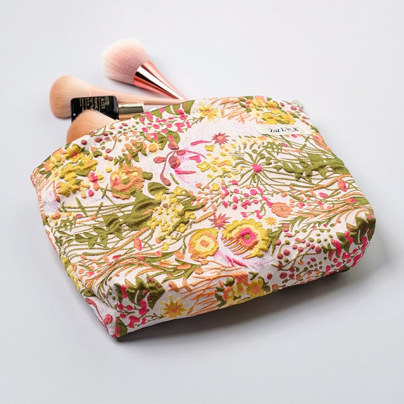 Large Floral Embroidered Cosmetic Bag with Zipper - Image 3