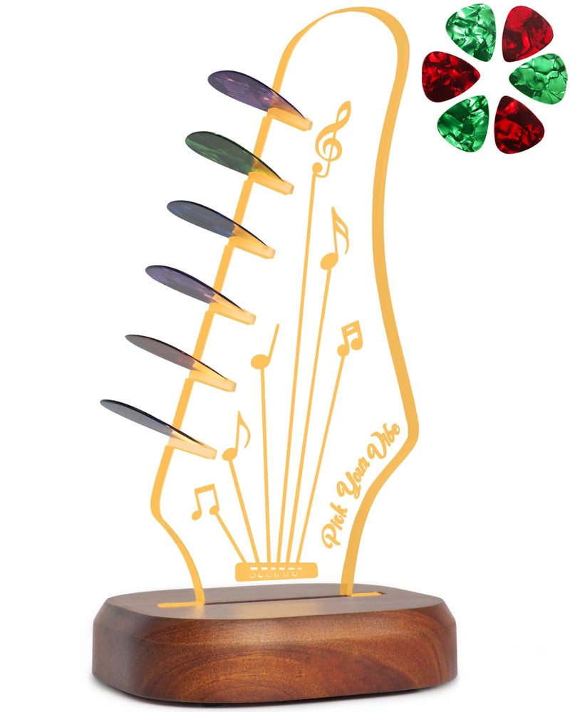 Onmiwod Light Up Guitar Pick Holder with 6 Guitar Picks, Acacia Wood & Acrylic Guitar Headstock Shaped Pick Holder Case for Guitar Pick Storage & Display, Guitar Music Accessories Gift for Guitar Lover Player - Image 1