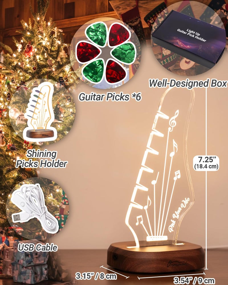 Onmiwod Light Up Guitar Pick Holder with 6 Guitar Picks, Acacia Wood & Acrylic Guitar Headstock Shaped Pick Holder Case for Guitar Pick Storage & Display, Guitar Music Accessories Gift for Guitar Lover Player - Image 2