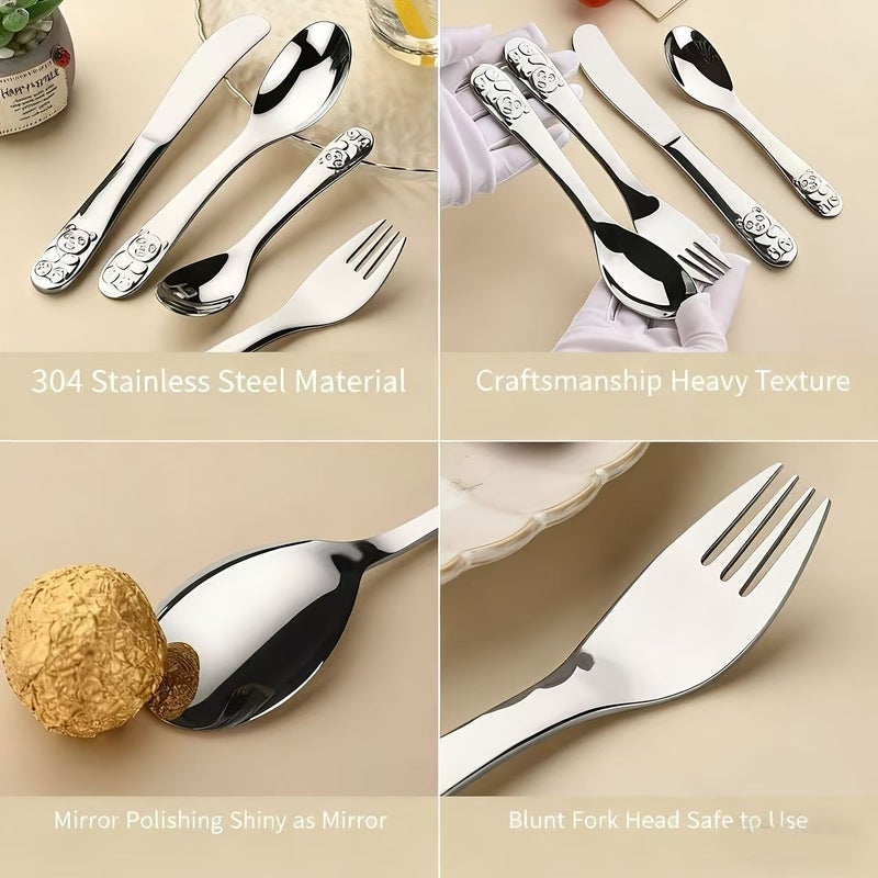 Personalized 304 Stainless Steel Tableware Set 4pcs With Knives Forks Spoons Food Grade Teddy Bear Three Dimensional Handle Corrosion Resistant And Rust Resistant For Household Tableware - Image 5