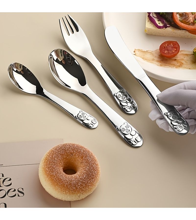 Personalized 304 Stainless Steel Tableware Set 4pcs With Knives Forks Spoons Food Grade Teddy Bear Three Dimensional Handle Corrosion Resistant And Rust Resistant For Household Tableware - Image 2