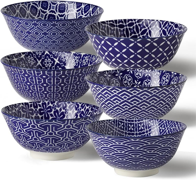 Metahom Ceramic Cereal Bowls 23 Oz Blue and White Bowls Porcelain Soup Bowl Set for Salad Dessert Pasta Ice CreamSet of 6 - Image 1