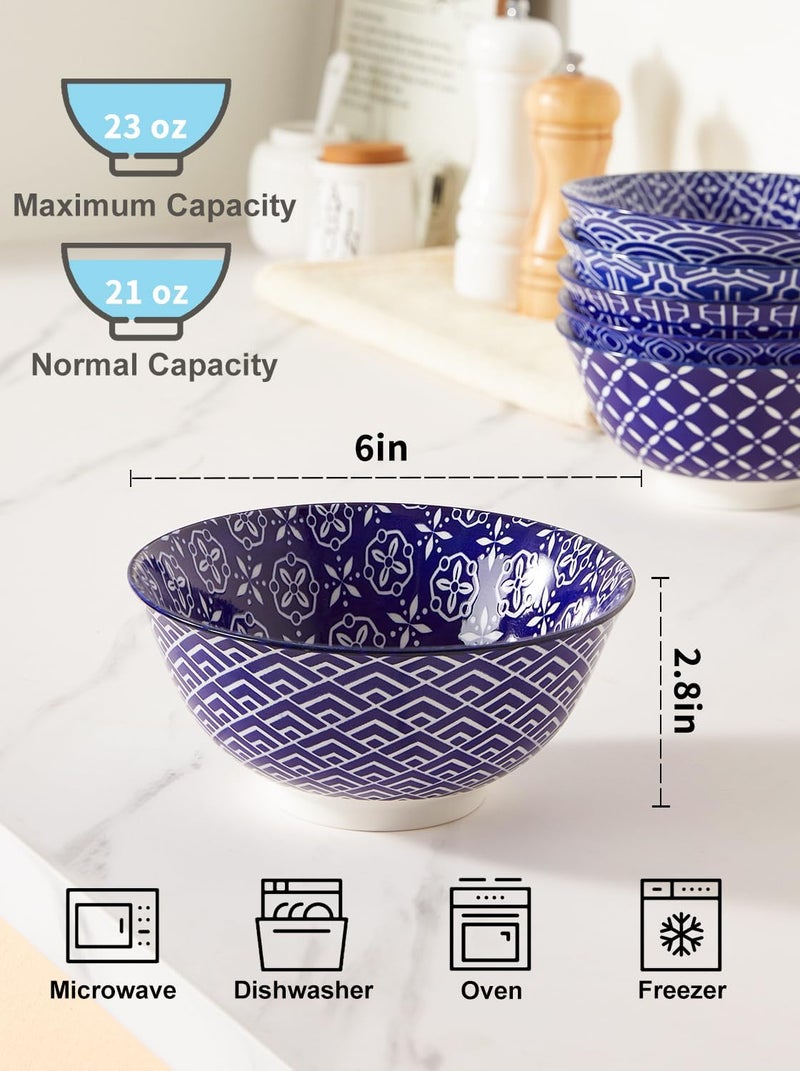 Metahom Ceramic Cereal Bowls 23 Oz Blue and White Bowls Porcelain Soup Bowl Set for Salad Dessert Pasta Ice CreamSet of 6 - Image 2