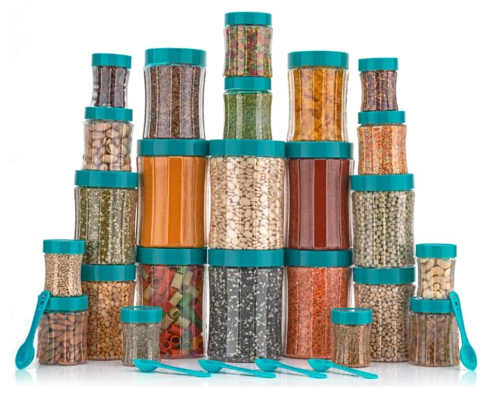Entisia Transparent Kitchen Storage Container - Curved Shape Plastic Food Storage Dabba Jars with Lid, Spoon, 1200ml, 650ml, 350ml & 250ml Containers for Pulses, Snacks, Spices (Green, 16pc) - Image 2