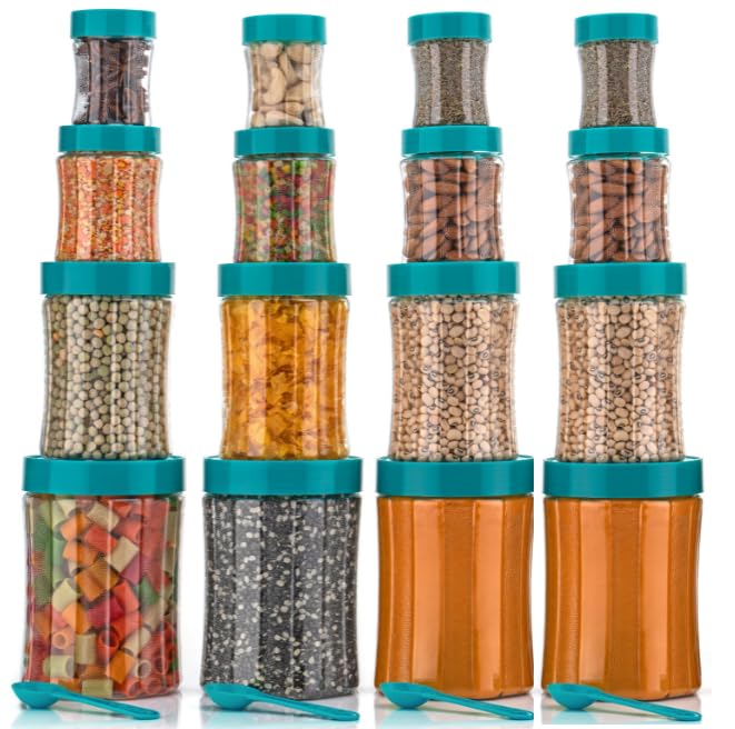 Entisia Transparent Kitchen Storage Container - Curved Shape Plastic Food Storage Dabba Jars with Lid, Spoon, 1200ml, 650ml, 350ml & 250ml Containers for Pulses, Snacks, Spices (Green, 16pc) - Image 4