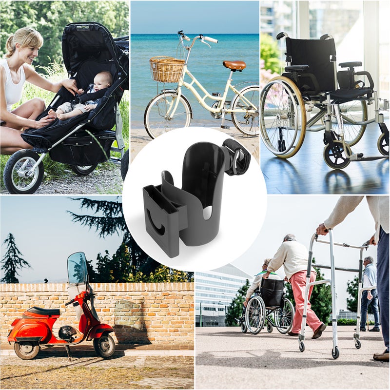 Stroller Cup Holder 2 in 1 Universal Cup Holder Rack Bottle Holders Adhesive Strap Attachment Fits Any Tube Shape for Buggy Pushchair Wheelchair Bike - Image 2