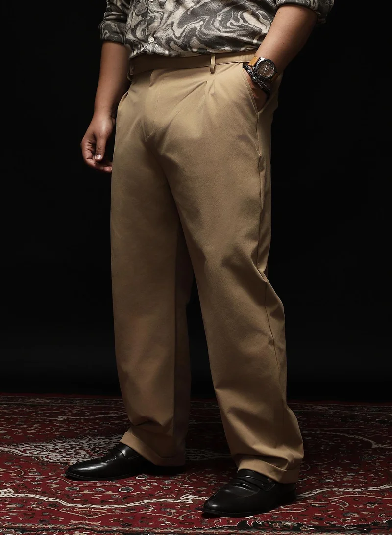 Instafab Plus  Instafab Plus Men's Khaki Brown Extended-Waistband Pleated Trousers | Mid Rise , Cuffed Hem , Button Closure | Solid Plain Polyester Blend Material For Formal & Office Wear for Men | Best Price UAE
