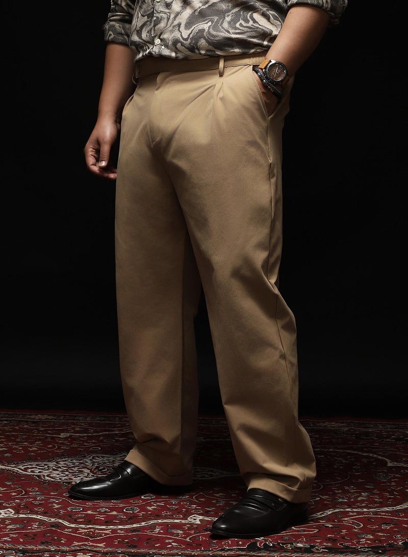 Instafab Plus Men's Khaki Brown Extended-Waistband Pleated Trousers | Mid Rise , Cuffed Hem , Button Closure | Solid Plain Polyester Blend Material For Formal & Office Wear - Image 3