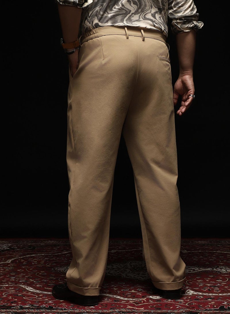 Instafab Plus Men's Khaki Brown Extended-Waistband Pleated Trousers | Mid Rise , Cuffed Hem , Button Closure | Solid Plain Polyester Blend Material For Formal & Office Wear - Image 5