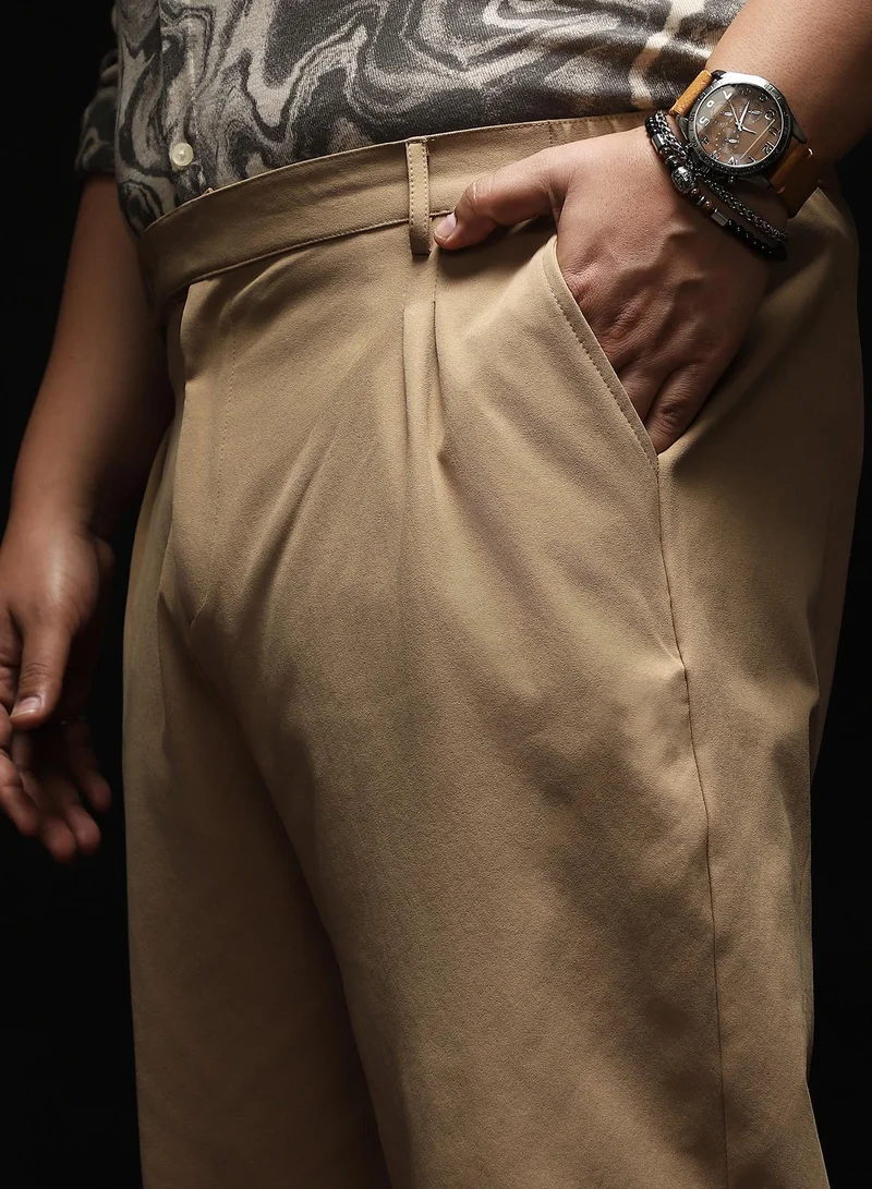 Instafab Plus  Instafab Plus Men's Khaki Brown Extended-Waistband Pleated Trousers | Mid Rise , Cuffed Hem , Button Closure | Solid Plain Polyester Blend Material For Formal & Office Wear for Men | Best Price UAE