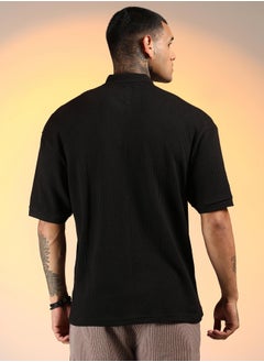 Campus Sutra Men's Onyx Black Micro-Waffle Polo T-Shirt  - Image 5