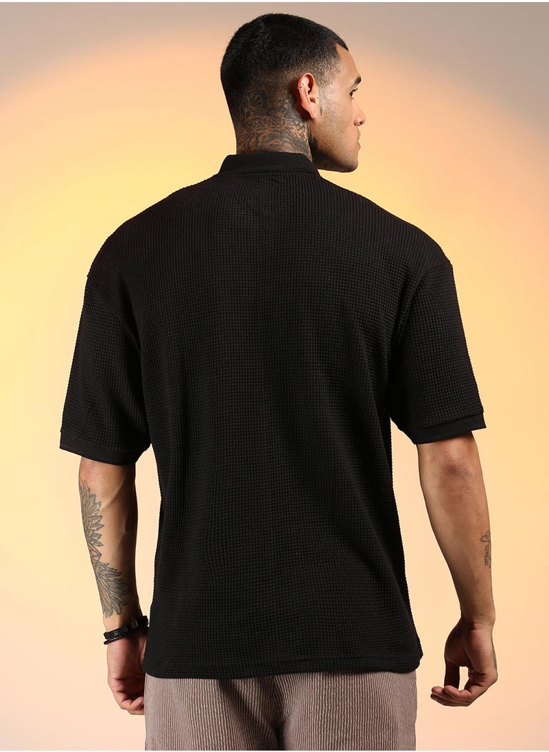 Campus Sutra Men's Onyx Black Micro-Waffle Polo T-Shirt  - Image 5