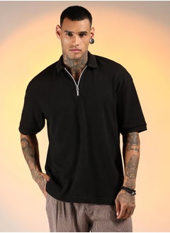 Campus Sutra Men's Onyx Black Micro-Waffle Polo T-Shirt  - Image 2