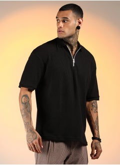 Campus Sutra Men's Onyx Black Micro-Waffle Polo T-Shirt  - Image 3