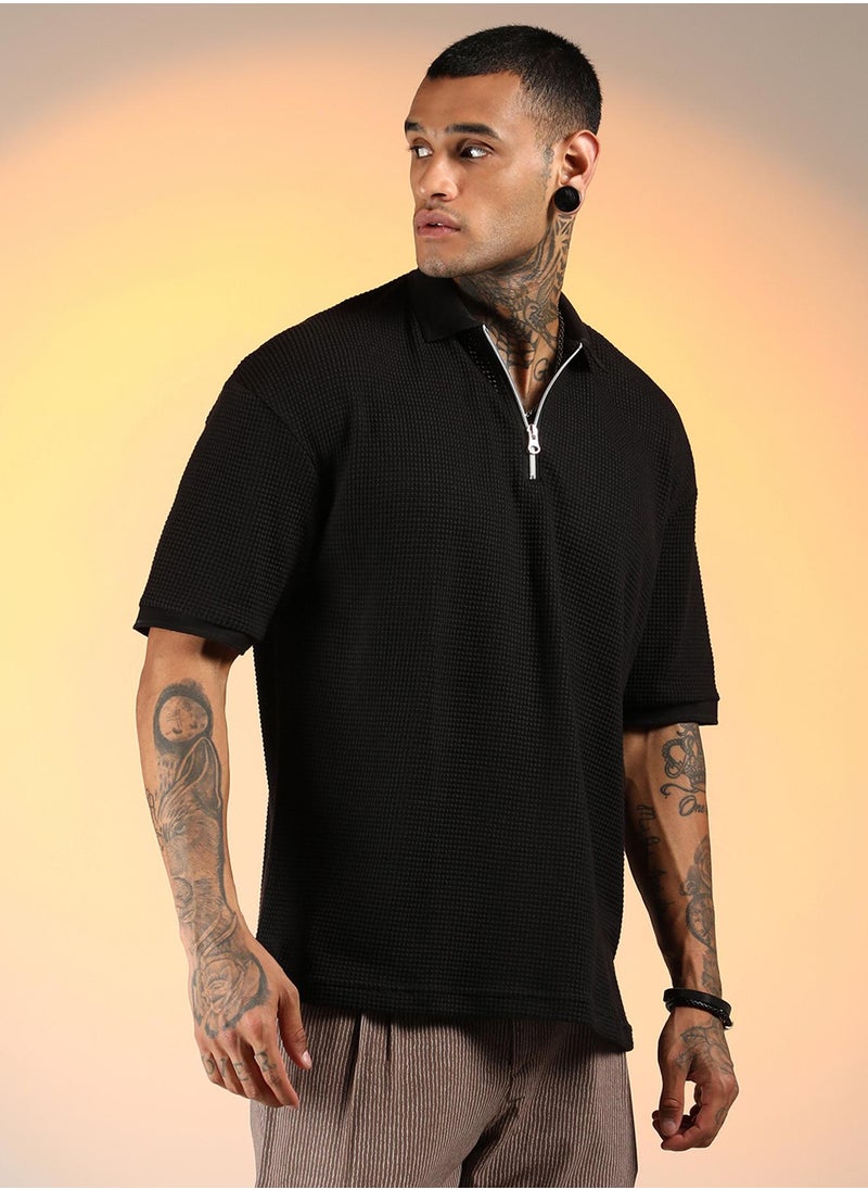Campus Sutra Men's Onyx Black Micro-Waffle Polo T-Shirt  - Image 3