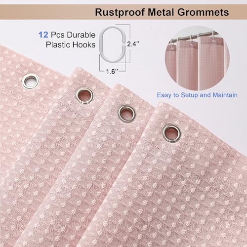 OVZME Blush Pink Shower Curtain Set, Waffle Textured Heavy Duty Fabric Shower Curtain for Bathroom, Luxury Hotel Weighted 230GSM Waterproof Bath Curtain with 12 Plastic Hooks, Machine Washable, 72x72 - Image 2