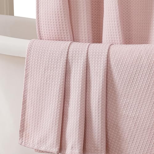 OVZME Blush Pink Shower Curtain Set, Waffle Textured Heavy Duty Fabric Shower Curtain for Bathroom, Luxury Hotel Weighted 230GSM Waterproof Bath Curtain with 12 Plastic Hooks, Machine Washable, 72x72 - Image 1