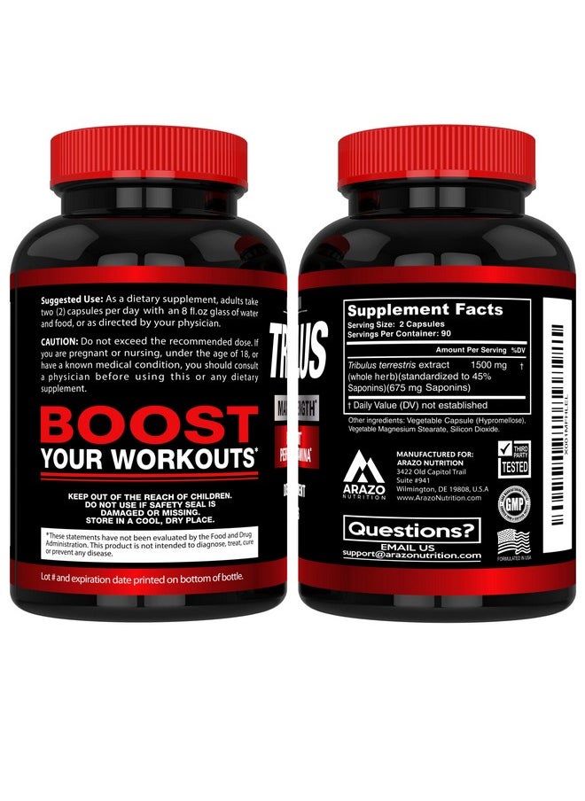 Arazo Nutrition - Tribulus Terrestris 1500Mg Extract Powder Energy Booster With Estrogen Blocker 180 Capsules - Image 1