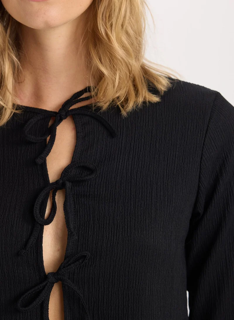 DeFacto  Black Regular Fit Crew Neck Basic Ruched Detail Long Sleeve Cardigan for Women | Best Price UAE