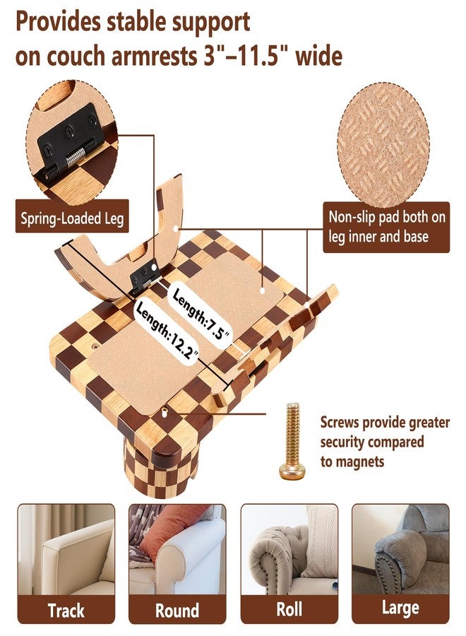 Acanacle Couch Arm Table, Checkered Carbonized Rubber Wood Sofa Armrest Tray, 3-in-1 Clip-on Large Couch Cup Holder Tray with 360° Rotating Cup Holder & Phone Stand for Drinks, Snacks & Remote - Image 5