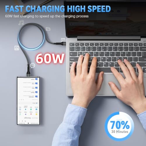 Verilux® PD 60W Magnetic Type C To Type C Cable Fast Charging 4.92Ft/1.5M, 480Mbps Data Cable C Type Fast Charging Nylon Braided for iPhone 17/17 Pro/17 Pro Max/16/15, Galaxy S25/S24/S23, MacBook - Image 2